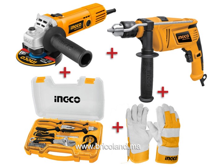 Pack perceuse + meuleuse + coffret à outils + gants - INGCO